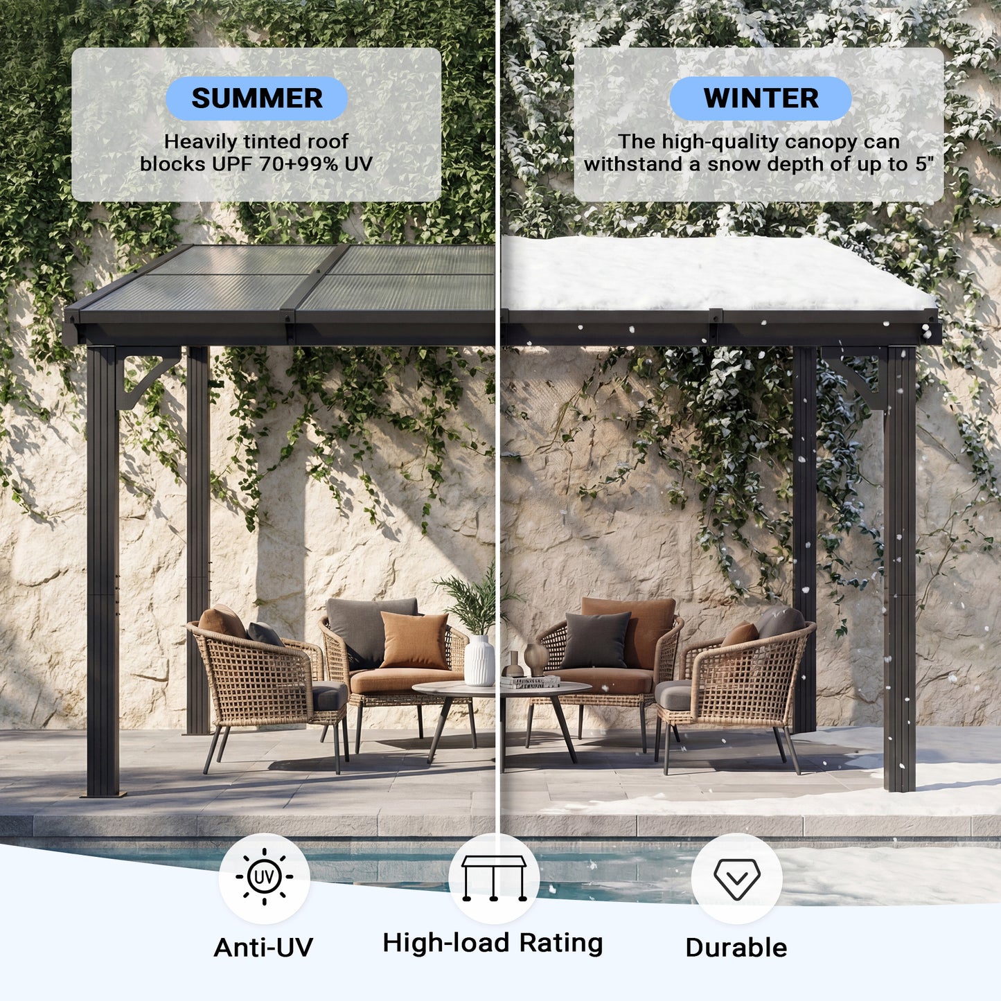 NETAJE 10'x8' Wall Mounted Gazebo Awnings, Permanent Hardtop Aluminum Pergola with Polycarbonate Roof, Outdoor Patio Canopy Shade Cover for Backyard, Decks, Garden