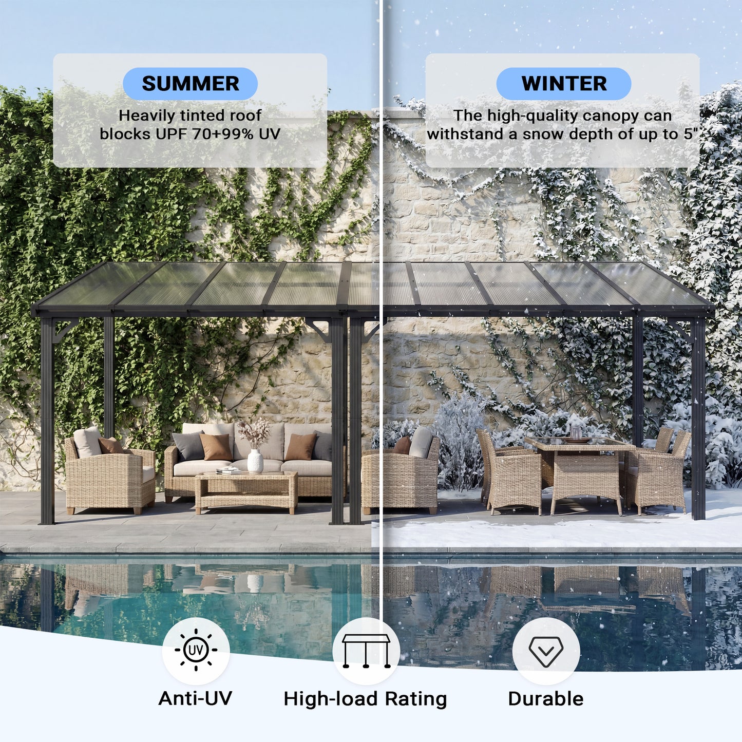 NETAJE 10'x18' Wall Mounted Gazebo Awnings, Permanent Hardtop Aluminum Pergola with Polycarbonate Roof, Outdoor Patio Canopy Shade Cover for Backyard, Decks, Garden