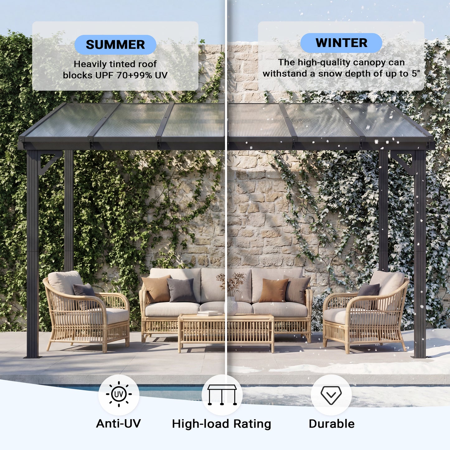 NETAJE 10'x12' Wall Mounted Gazebo Awnings, Permanent Hardtop Aluminum Pergola with Polycarbonate Roof, Outdoor Patio Canopy Shade Cover for Backyard, Decks, Garden