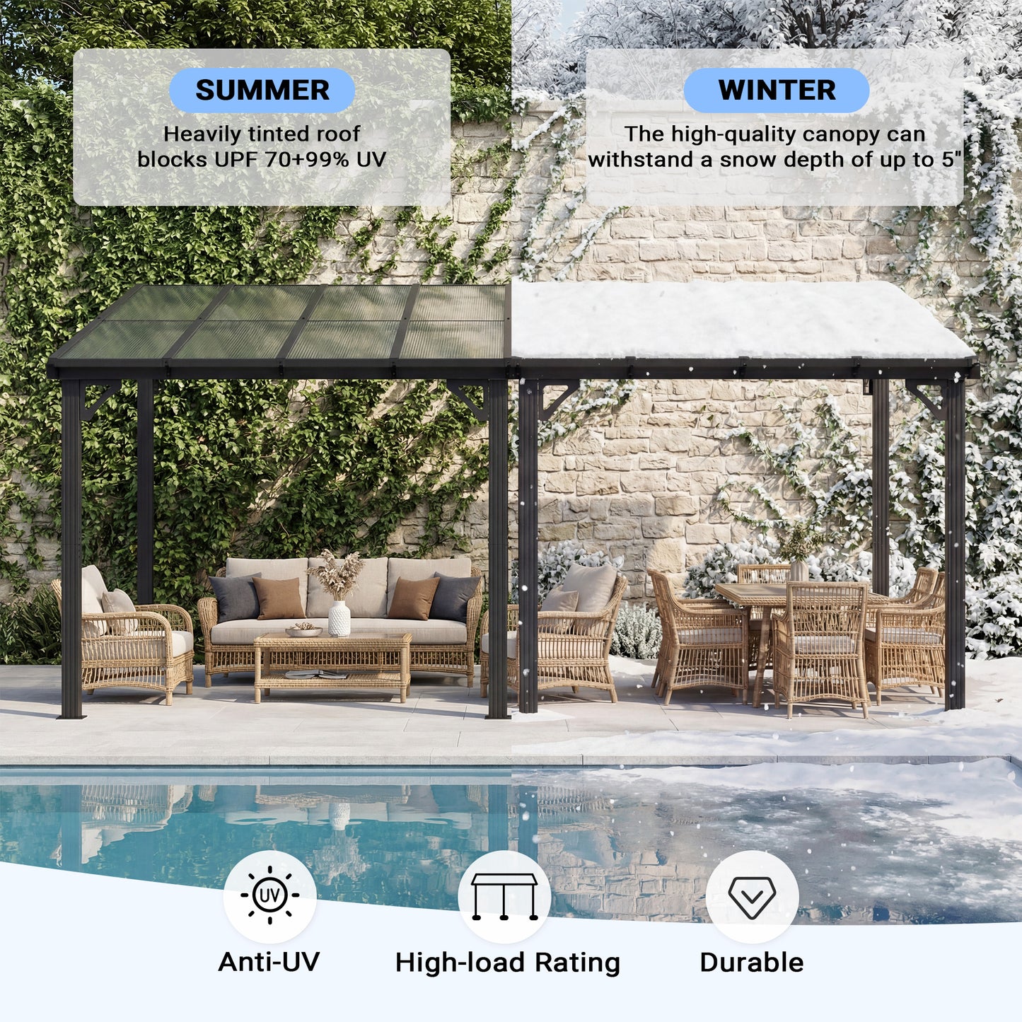NETAJE 10'x16' Wall Mounted Gazebo Awnings, Permanent Hardtop Aluminum Pergola with Polycarbonate Roof, Outdoor Patio Canopy Shade Cover for Backyard, Decks, Garden