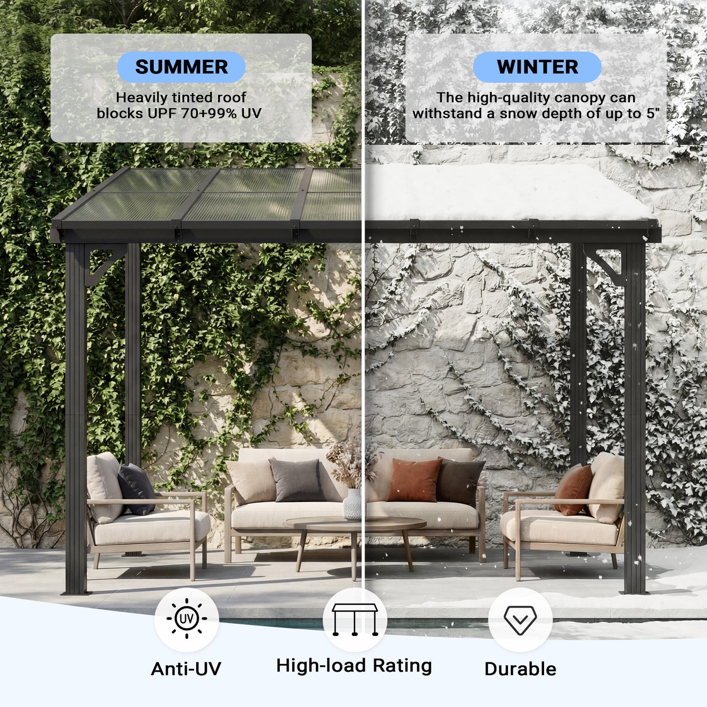 NETAJE 10'x10' Wall Mounted Gazebo Awnings, Permanent Hardtop Aluminum Pergola with Polycarbonate Roof, Outdoor Patio Canopy Shade Cover for Backyard, Decks, Garden