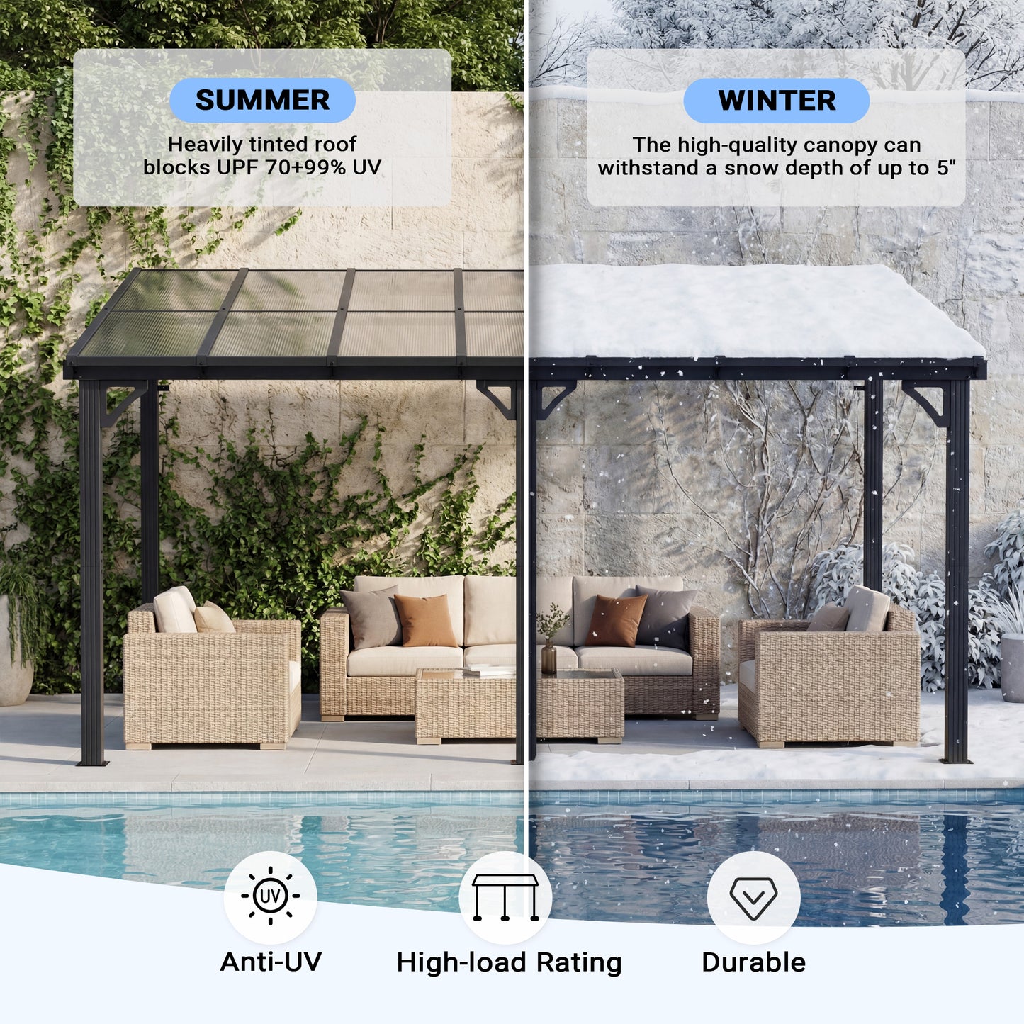 NETAJE 10'x14' Wall Mounted Gazebo Awnings, Permanent Hardtop Aluminum Pergola with Polycarbonate Roof, Outdoor Patio Canopy Shade Cover for Backyard, Decks, Garden