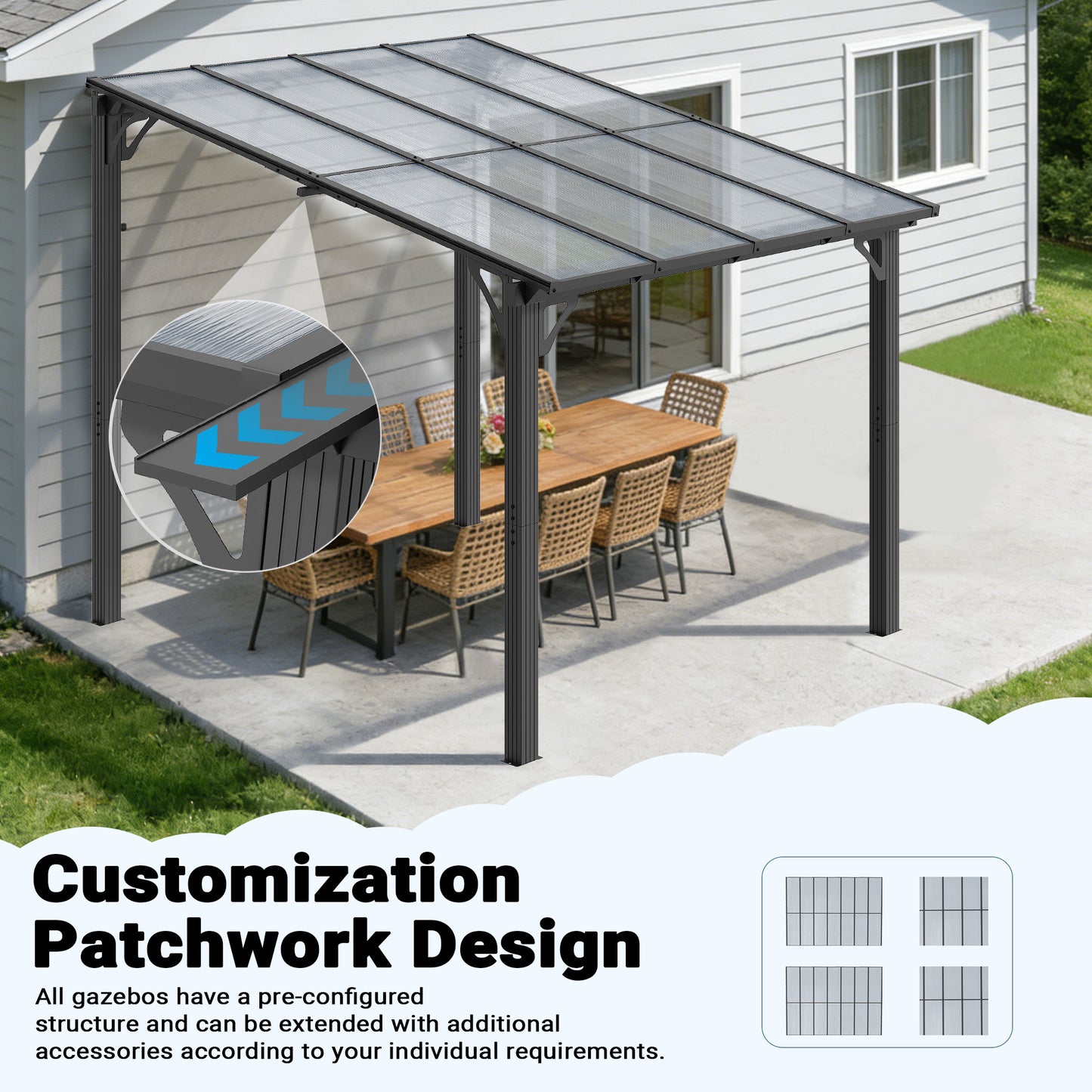 NETAJE 10'x8' Wall Mounted Gazebo Awnings, Permanent Hardtop Aluminum Pergola with Polycarbonate Roof, Outdoor Patio Canopy Shade Cover for Backyard, Decks, Garden