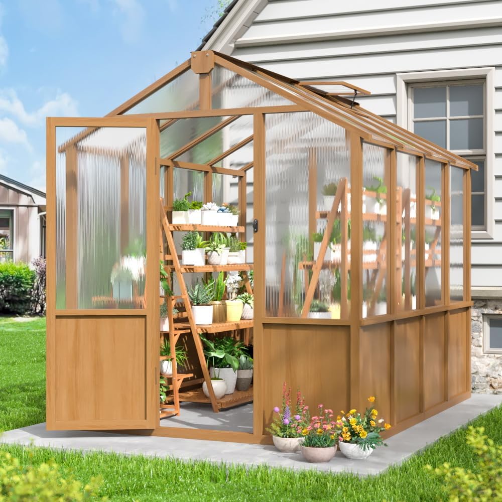 NETAJE 6'x8' Outdoor Wooden Greenhouse, Heavy Duty Walk-in Green House with Ventilated Window and Lockable Door for Backyard, Patio