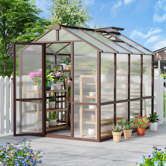6'x8' Outdoor Wooden Greenhouse, Heavy Duty Walk-in Green House with Ventilated Window and Lockable Door for Backyard, Patio, Brown