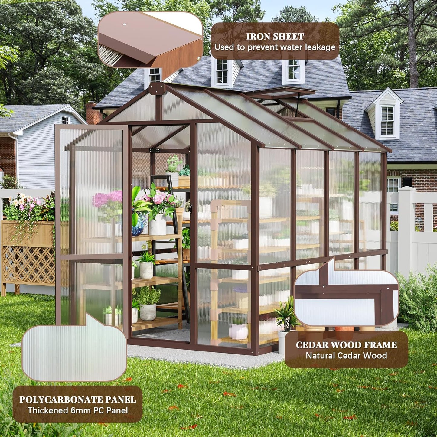 6'x8' Outdoor Wooden Greenhouse, Heavy Duty Walk-in Green House with Ventilated Window and Lockable Door for Backyard, Patio, Brown