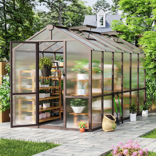6'x12' Outdoor Wooden Greenhouse, Heavy Duty Walk-in Green House with Ventilated Window and Lockable Door for Backyard, Patio, Brown