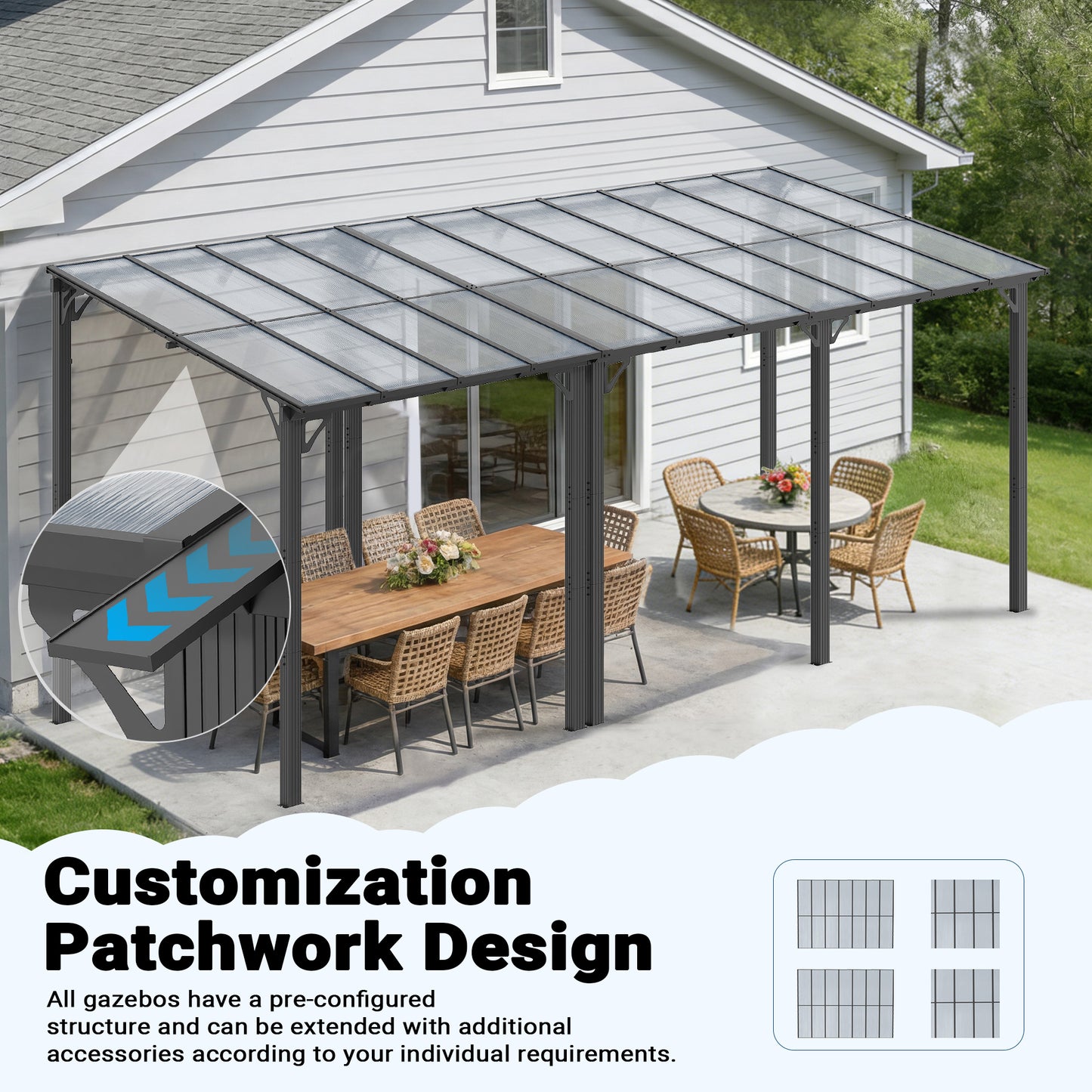 NETAJE 10'x22' Wall Mounted Gazebo Awnings, Permanent Hardtop Aluminum Pergola with Polycarbonate Roof, Outdoor Patio Canopy Shade Cover for Backyard, Decks, Garden
