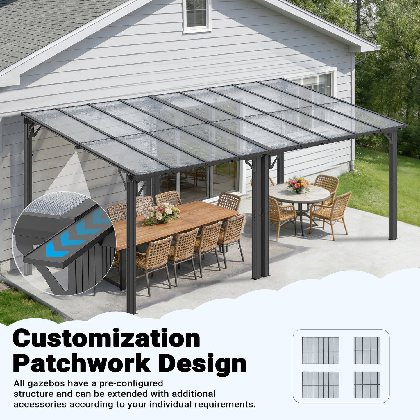 NETAJE 10'x18' Wall Mounted Gazebo Awnings, Permanent Hardtop Aluminum Pergola with Polycarbonate Roof, Outdoor Patio Canopy Shade Cover for Backyard, Decks, Garden