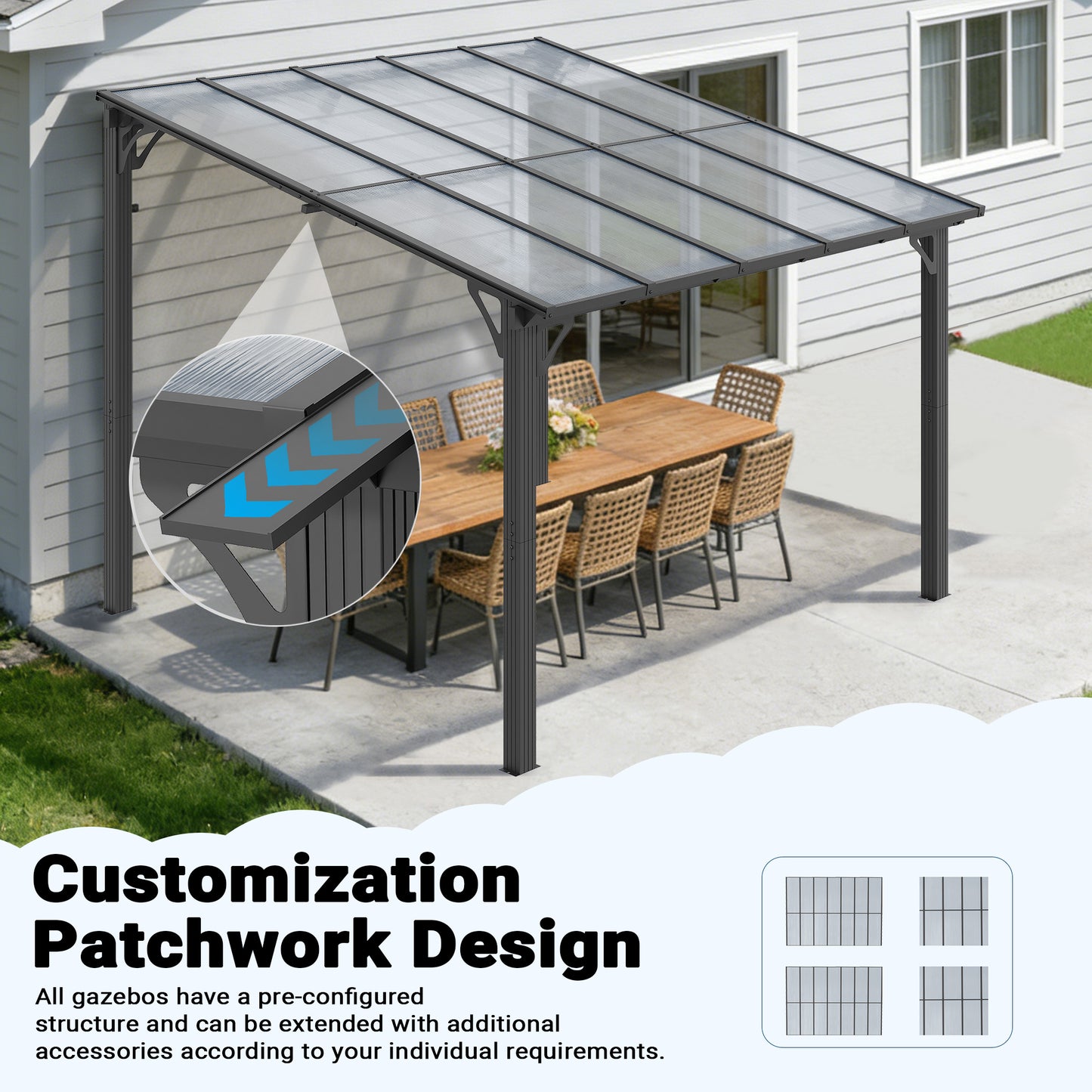 NETAJE 10'x10' Wall Mounted Gazebo Awnings, Permanent Hardtop Aluminum Pergola with Polycarbonate Roof, Outdoor Patio Canopy Shade Cover for Backyard, Decks, Garden