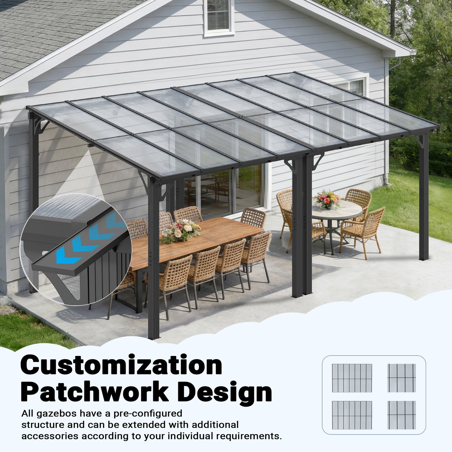 NETAJE 10'x16' Wall Mounted Gazebo Awnings, Permanent Hardtop Aluminum Pergola with Polycarbonate Roof, Outdoor Patio Canopy Shade Cover for Backyard, Decks, Garden