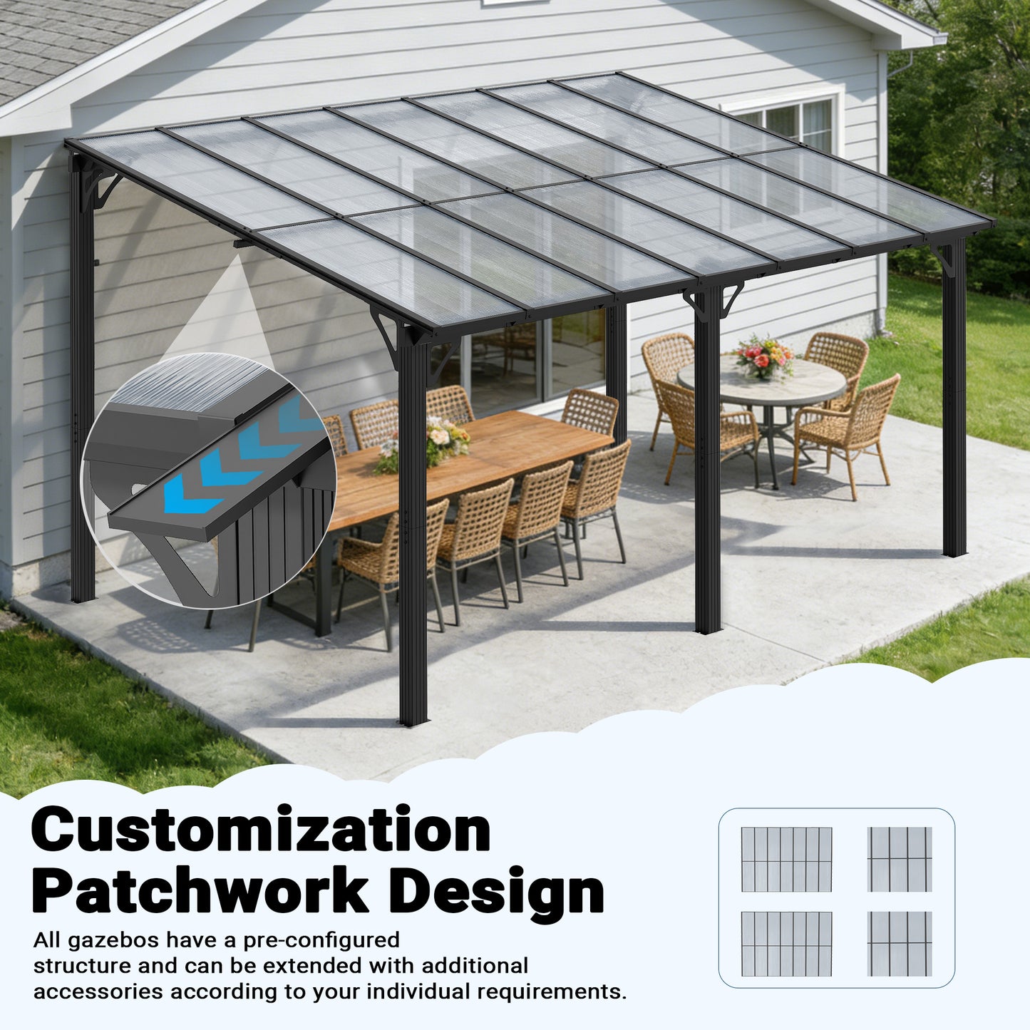 NETAJE 10'x14' Wall Mounted Gazebo Awnings, Permanent Hardtop Aluminum Pergola with Polycarbonate Roof, Outdoor Patio Canopy Shade Cover for Backyard, Decks, Garden