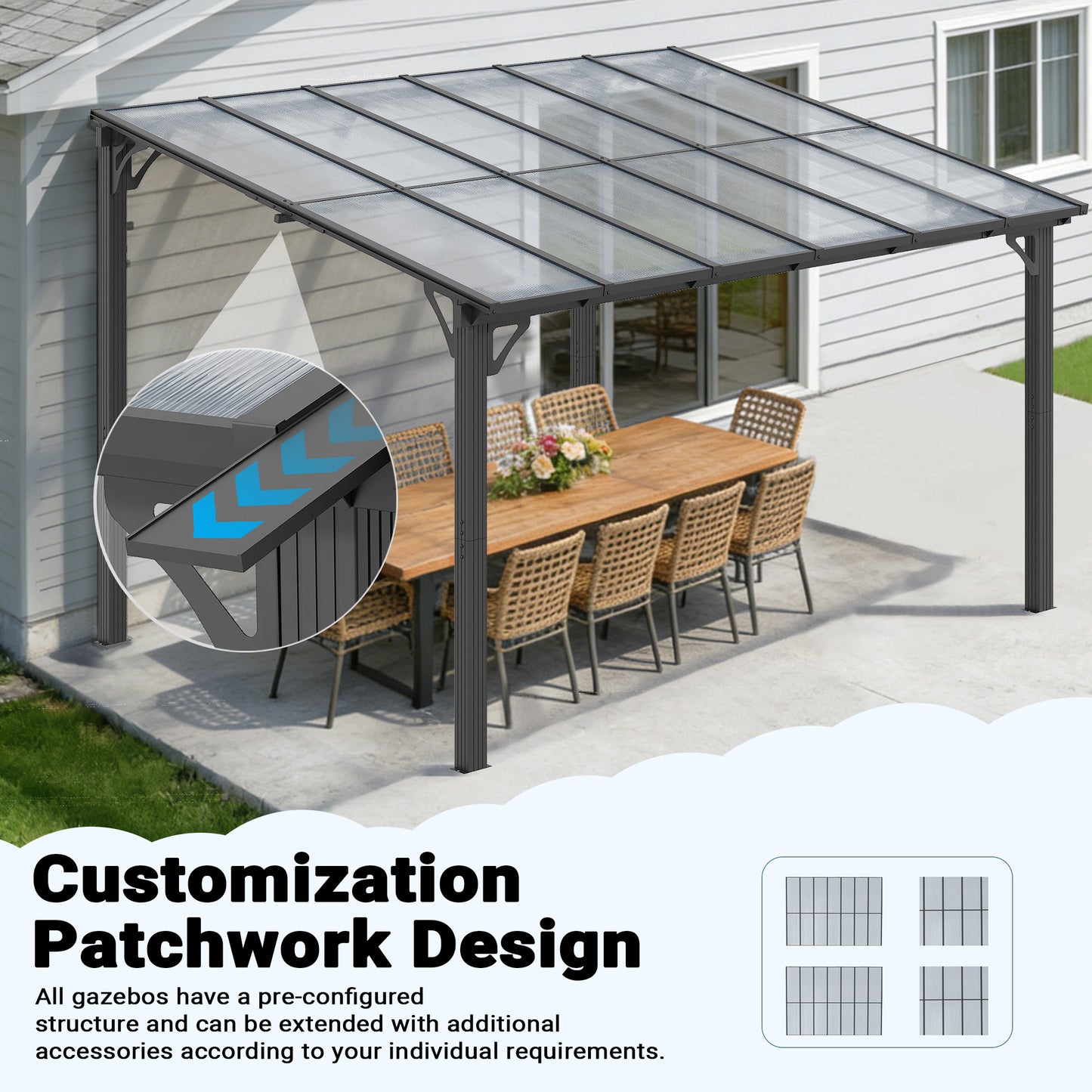 NETAJE 10'x12' Wall Mounted Gazebo Awnings, Permanent Hardtop Aluminum Pergola with Polycarbonate Roof, Outdoor Patio Canopy Shade Cover for Backyard, Decks, Garden