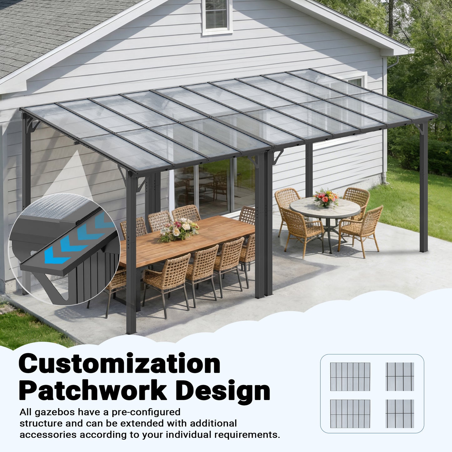 NETAJE 10'x20' Wall Mounted Gazebo Awnings, Permanent Hardtop Aluminum Pergola with Polycarbonate Roof, Outdoor Patio Canopy Shade Cover for Backyard, Decks, Garden