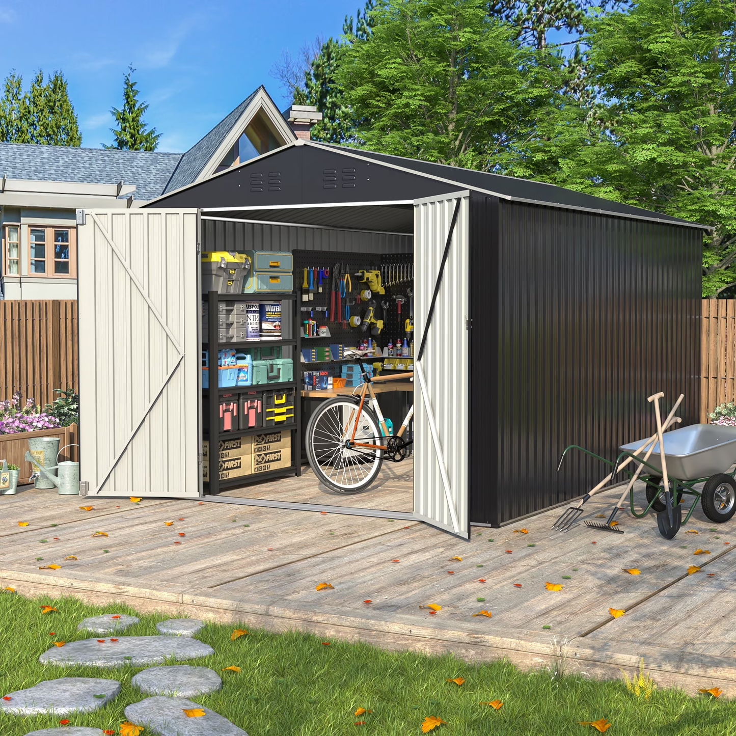8x12 FT Outdoor Metal Shed with Updated Aluminum Frame, Storage Shed with Lockable Doors & Sliding Roof for Backyard, Garden, Gray