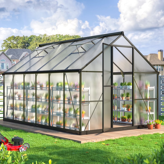 12' x 8' Polycarbonate Greenhouse, Large Aluminum Walk-in Green House with Window for Backyard