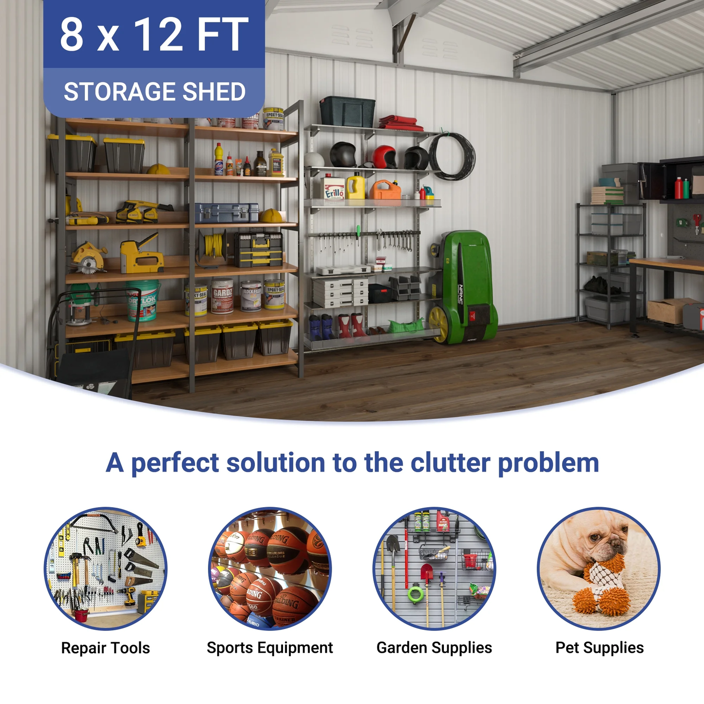 8x12 FT Outdoor Metal Shed with Updated Aluminum Frame, Storage Shed with Lockable Doors & Sliding Roof for Backyard, Garden, Gray