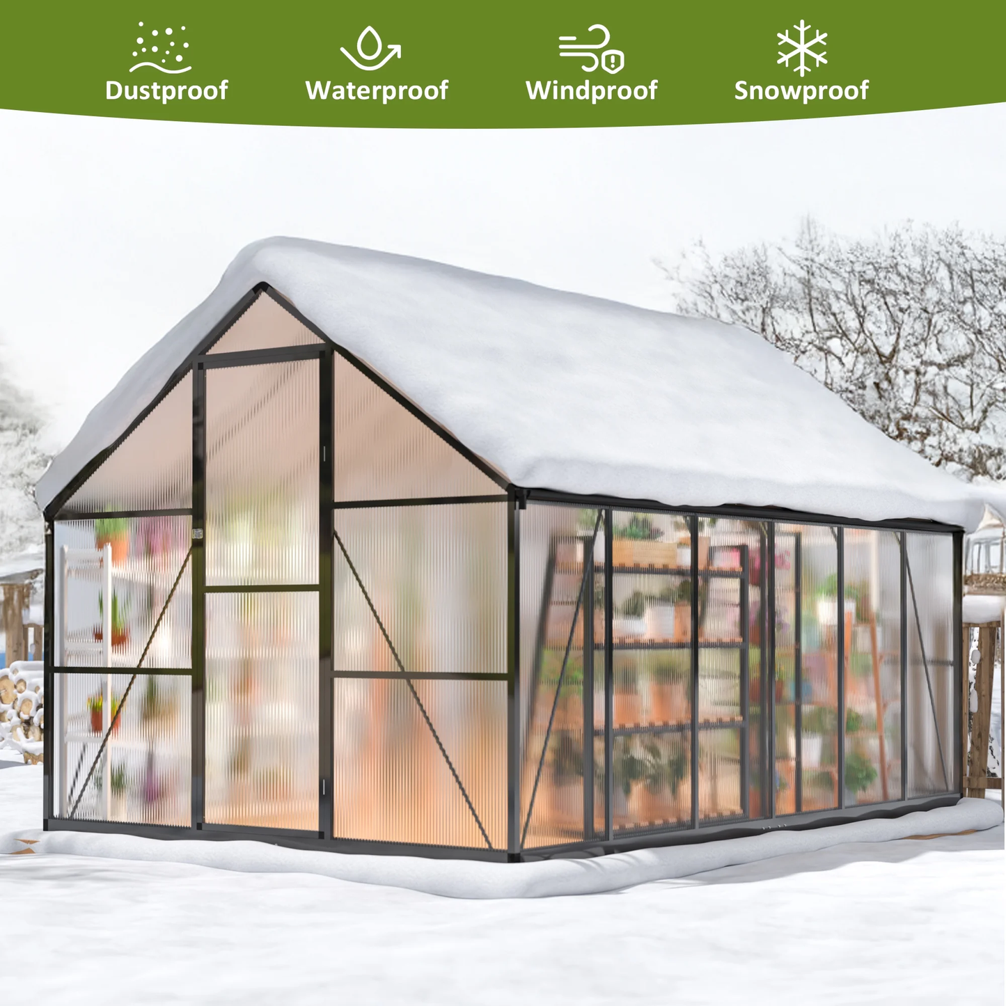 12' x 8' Polycarbonate Greenhouse, Large Aluminum Walk-in Green House with Window for Backyard