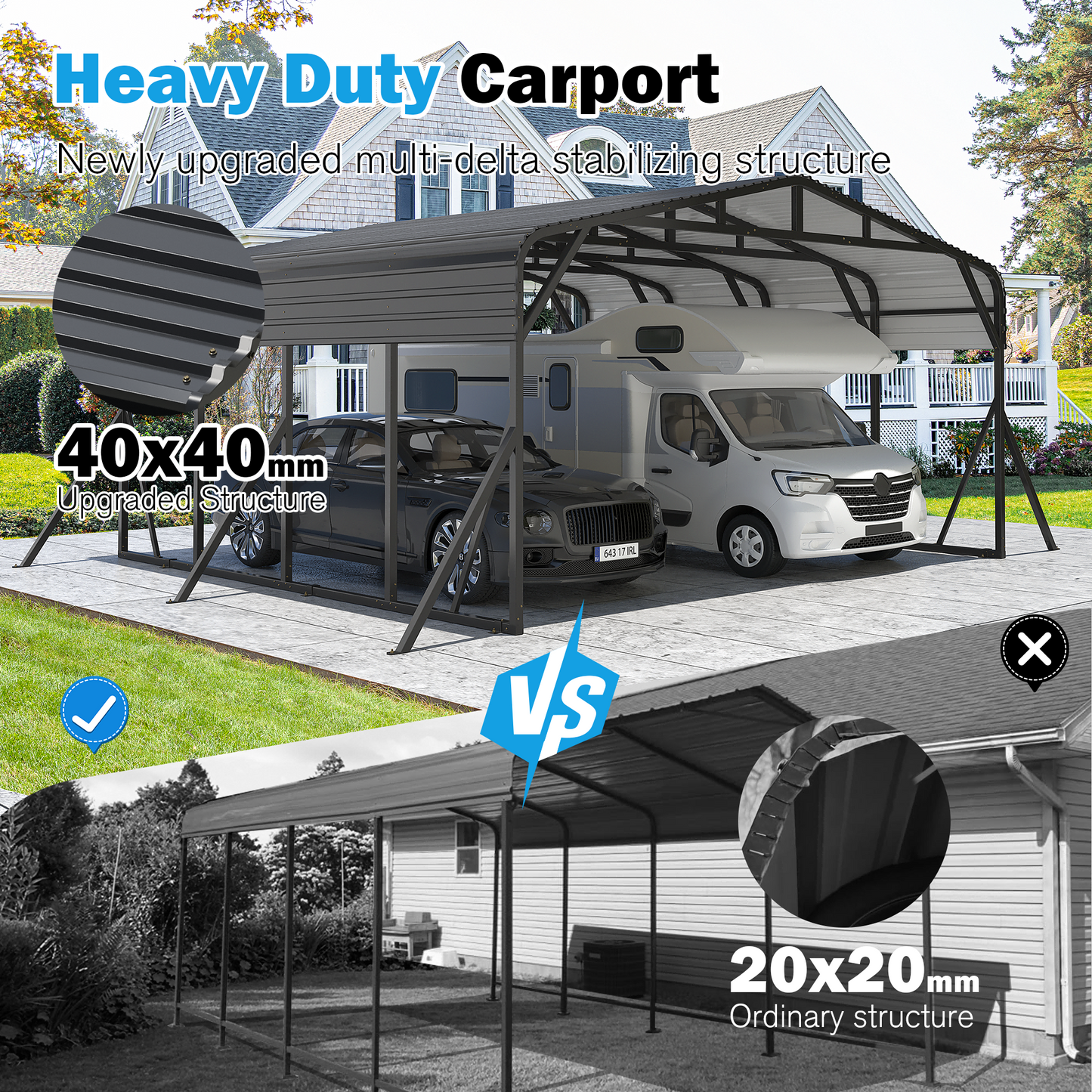 NETAJE 20’X20’ Outdoor Heavy-Duty Carport Galvanized Steel Roof with Reinforced Stable Triangle Frame & Enhanced Base for Car, Pickup and Truck