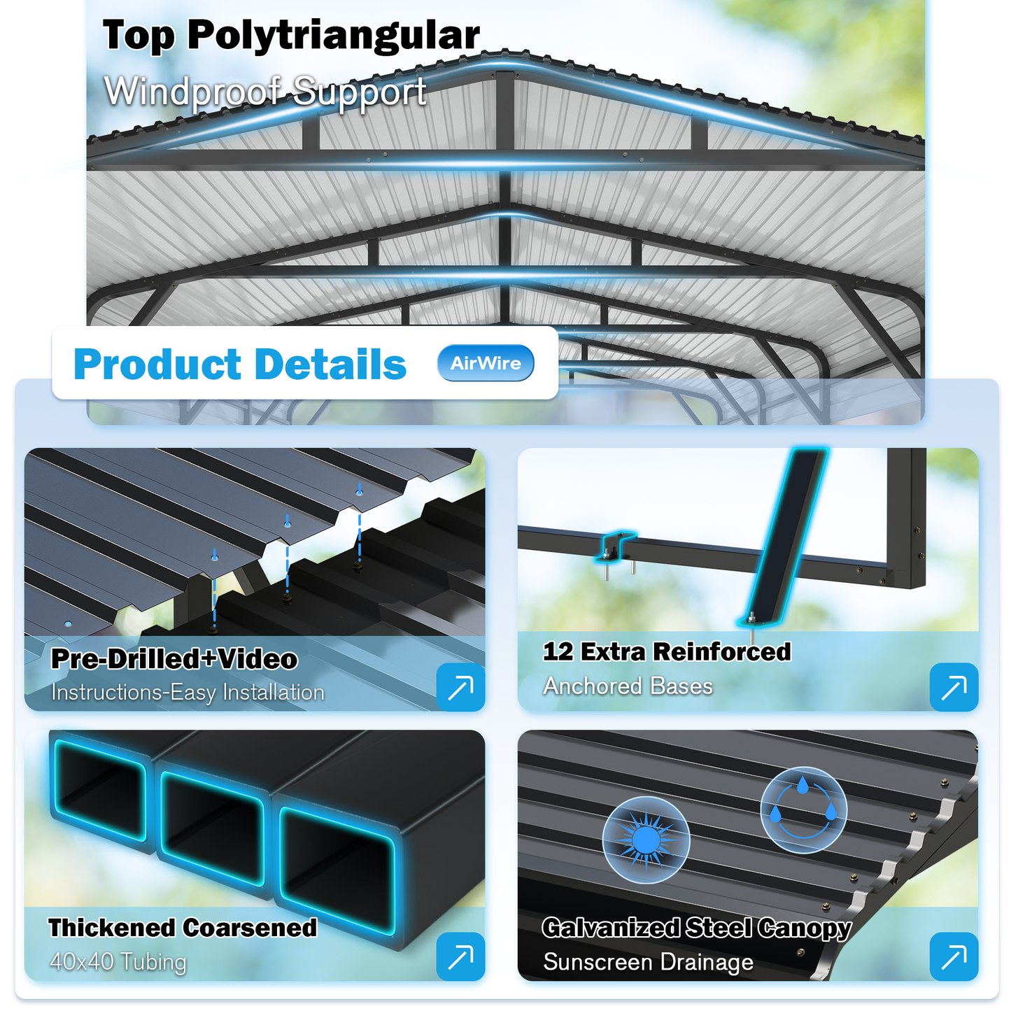 NETAJE 20’X20’ Outdoor Heavy-Duty Carport Galvanized Steel Roof with Reinforced Stable Triangle Frame & Enhanced Base for Car, Pickup and Truck