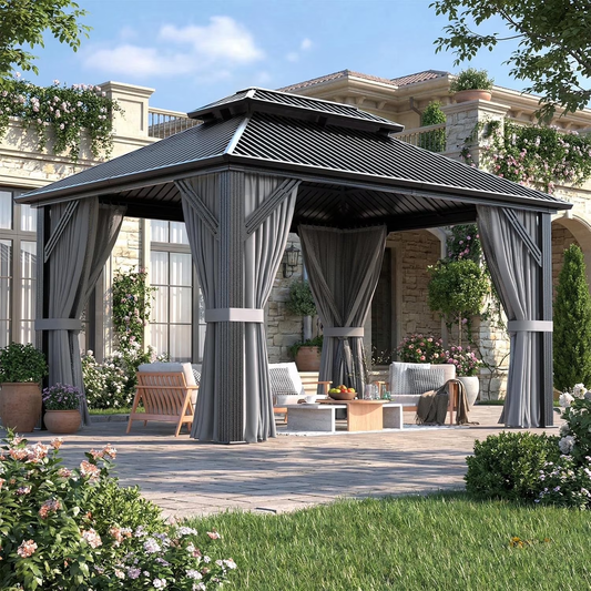 NETAJE 10x12 FT Hardtop Gazebo, Heavy Duty Gazebo with Aluminum Frame, Galvanized Steel Double Roof & Mosquito Net for Garden, Patio, Grey