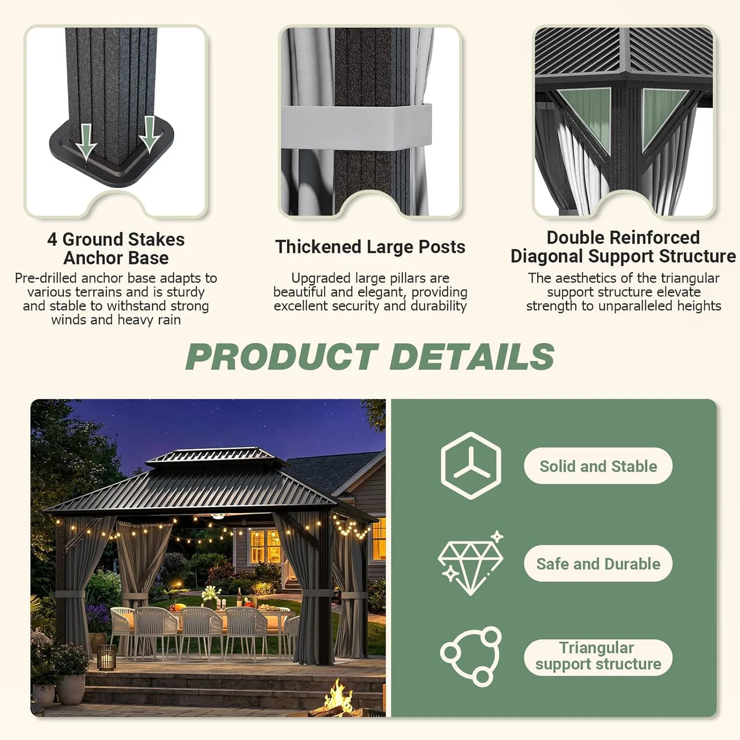 NETAJE 10x12 FT Hardtop Gazebo, Heavy Duty Gazebo with Aluminum Frame, Galvanized Steel Double Roof & Mosquito Net for Garden, Patio, Grey