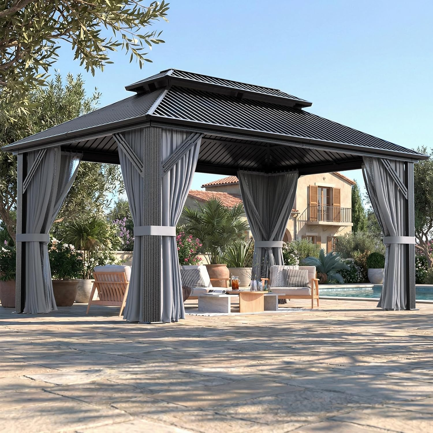 NETAJE 10x14 FT Hardtop Gazebo, Heavy Duty Gazebo with Aluminum Frame, Galvanized Steel Double Roof & Mosquito Net for Garden, Patio, Grey