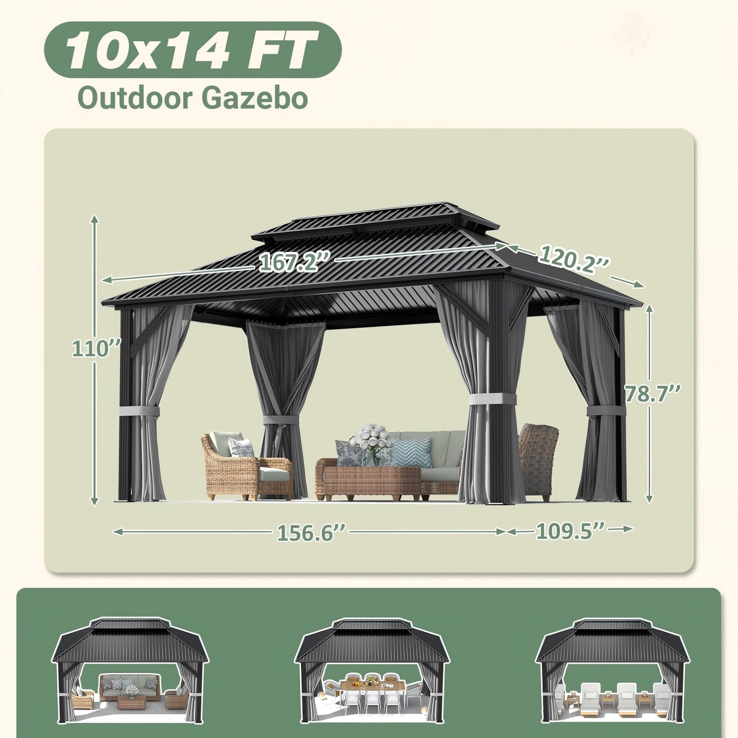 NETAJE 10x14 FT Hardtop Gazebo, Heavy Duty Gazebo with Aluminum Frame, Galvanized Steel Double Roof & Mosquito Net for Garden, Patio, Grey