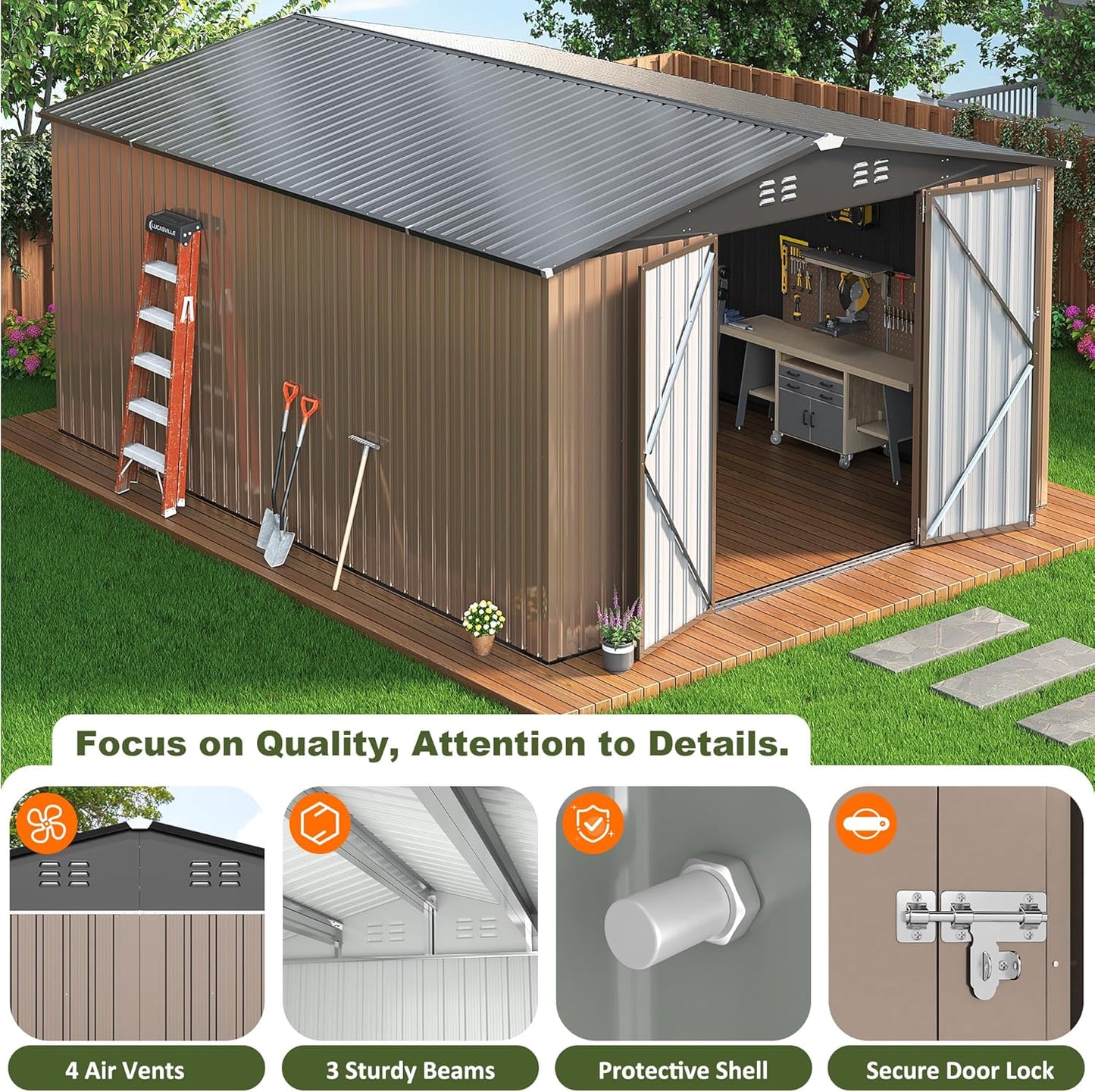 NETAJE 10'x14' Outdoor Metal Shed , Storage Shed with Updated Frame, Lockable Doors & Sliding Roof for Backyard, Garden, Brown