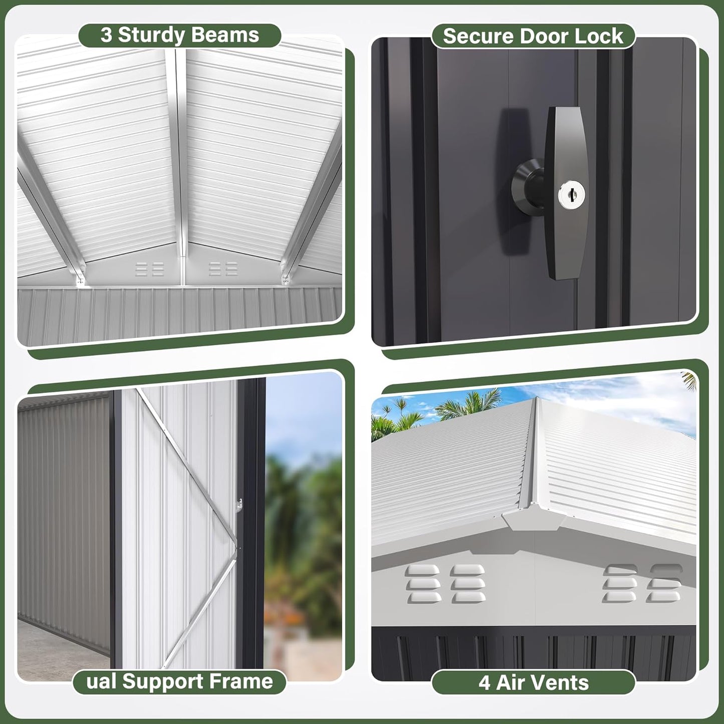 Polar Aurora 10x14 Outdoor Storage Shed, Garden Shed with Updated Frame Structure and Lockable Doors, Metal Tool Sheds for Backyard Garden Patio Lawn, White