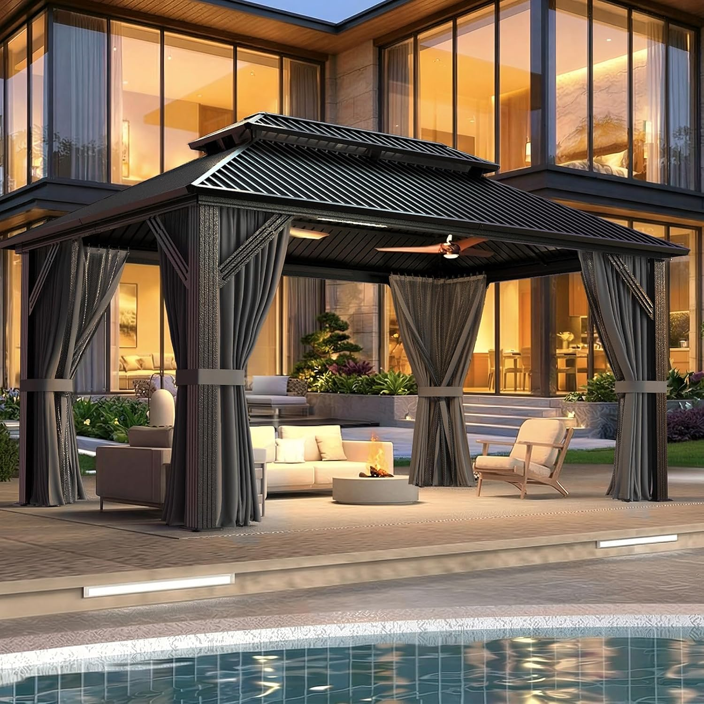 NETAJE 10x14 FT Hardtop Gazebo, Heavy Duty Gazebo with Aluminum Frame, Galvanized Steel Double Roof & Mosquito Net for Garden, Patio, Grey