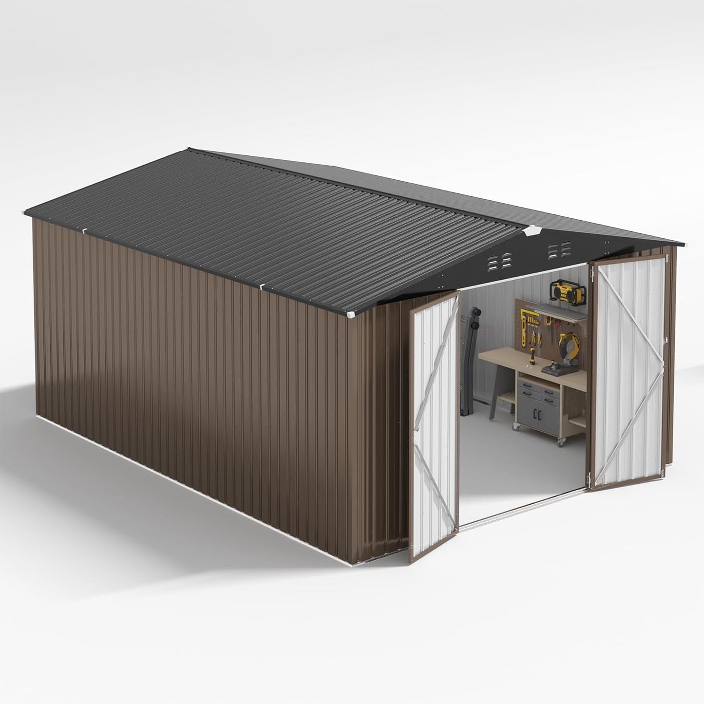 NETAJE 10'x14' Outdoor Metal Shed , Storage Shed with Updated Frame, Lockable Doors & Sliding Roof for Backyard, Garden, Brown