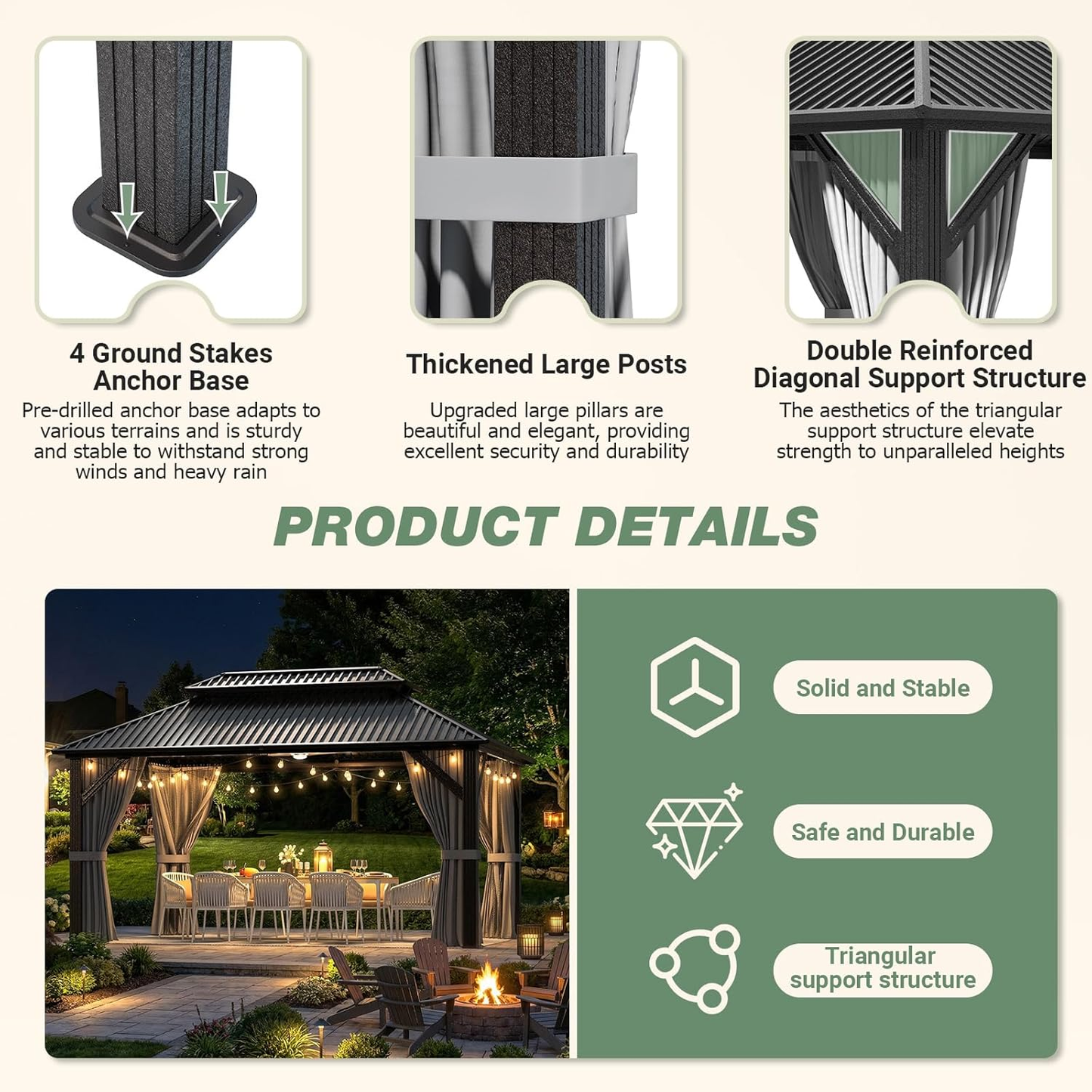NETAJE 10x14 FT Hardtop Gazebo, Heavy Duty Gazebo with Aluminum Frame, Galvanized Steel Double Roof & Mosquito Net for Garden, Patio, Grey