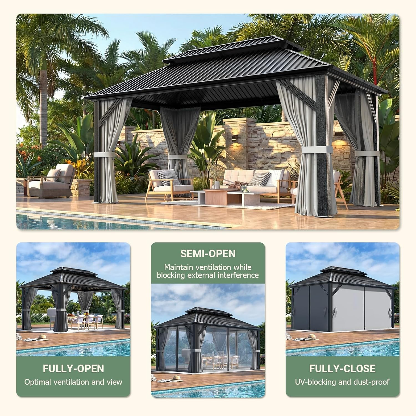 NETAJE 10x14 FT Hardtop Gazebo, Heavy Duty Gazebo with Aluminum Frame, Galvanized Steel Double Roof & Mosquito Net for Garden, Patio, Grey