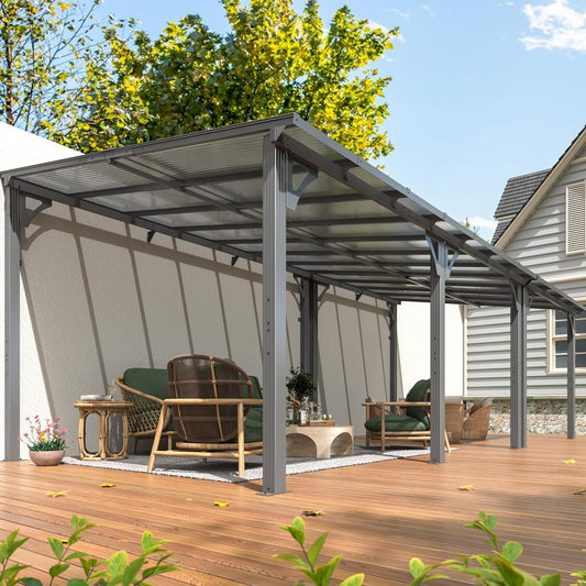 NETAJE 10'x22' Outdoor Splicable Gazebo, Hardtop Wall Mounted Gazebo & Pergola with Aluminum Frame and Sloping Roof, for Backyard, Deck, Patio-Gray