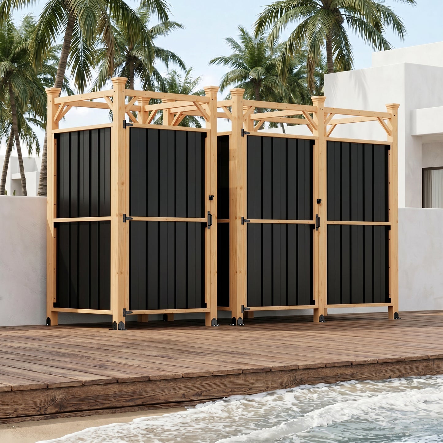 NETAJE 2-in-1 Outdoor Shower Enclosure with Changing Room, Solid Wood & Galvanized Steel Privacy Shower Stall for Poolside, Beach, Backyard
