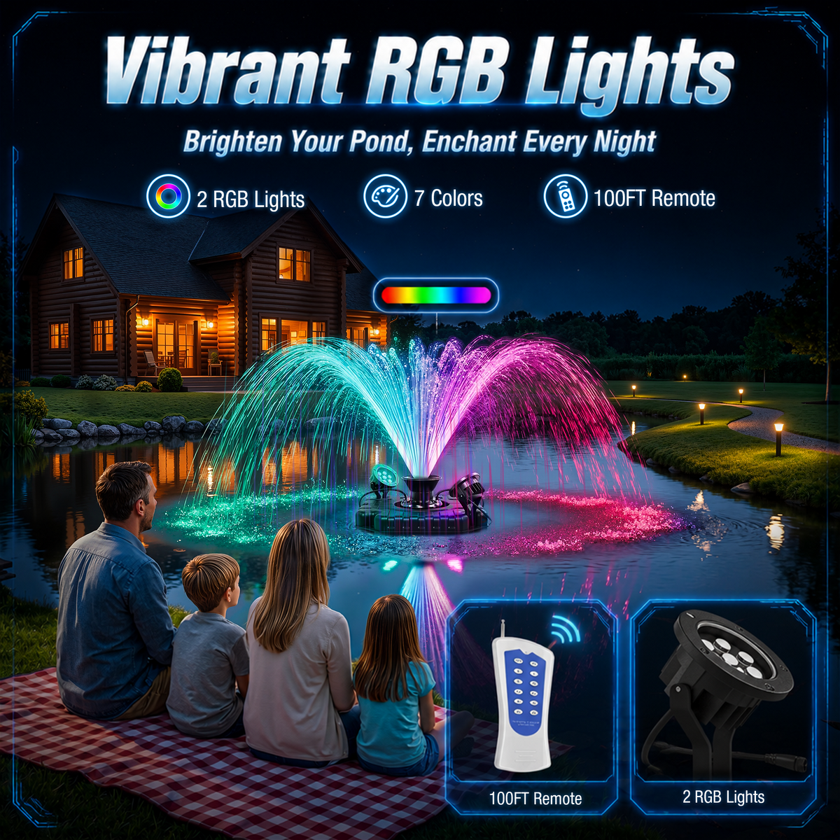 Pond Fountain Aerator with Color Changing LED Lights & Remote, Outdoor Water Fountain Pump for Ponds & Lakes,1HP 110V 750W 15000 GPH，Black