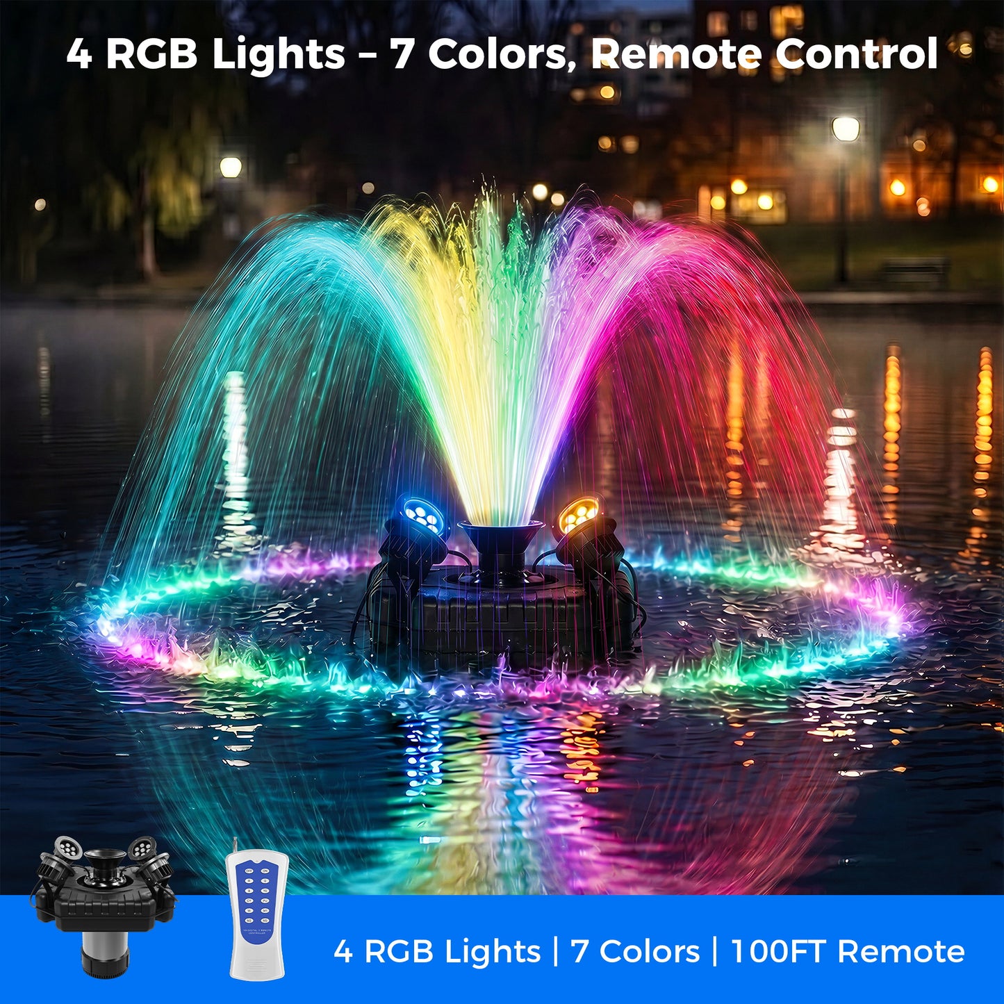 Floating Pond Fountain Aerator Pump for Outdoor Ponds and Pools with 4 LED Lights