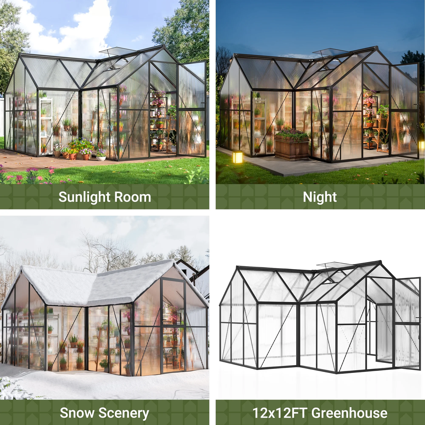 NETAJE 12'x12' T-Shape Outdoor Greenhouse, Double Roof Vents and Doors, Walk-in Polycarbonate Green House with Aluminum Frame for Backyard