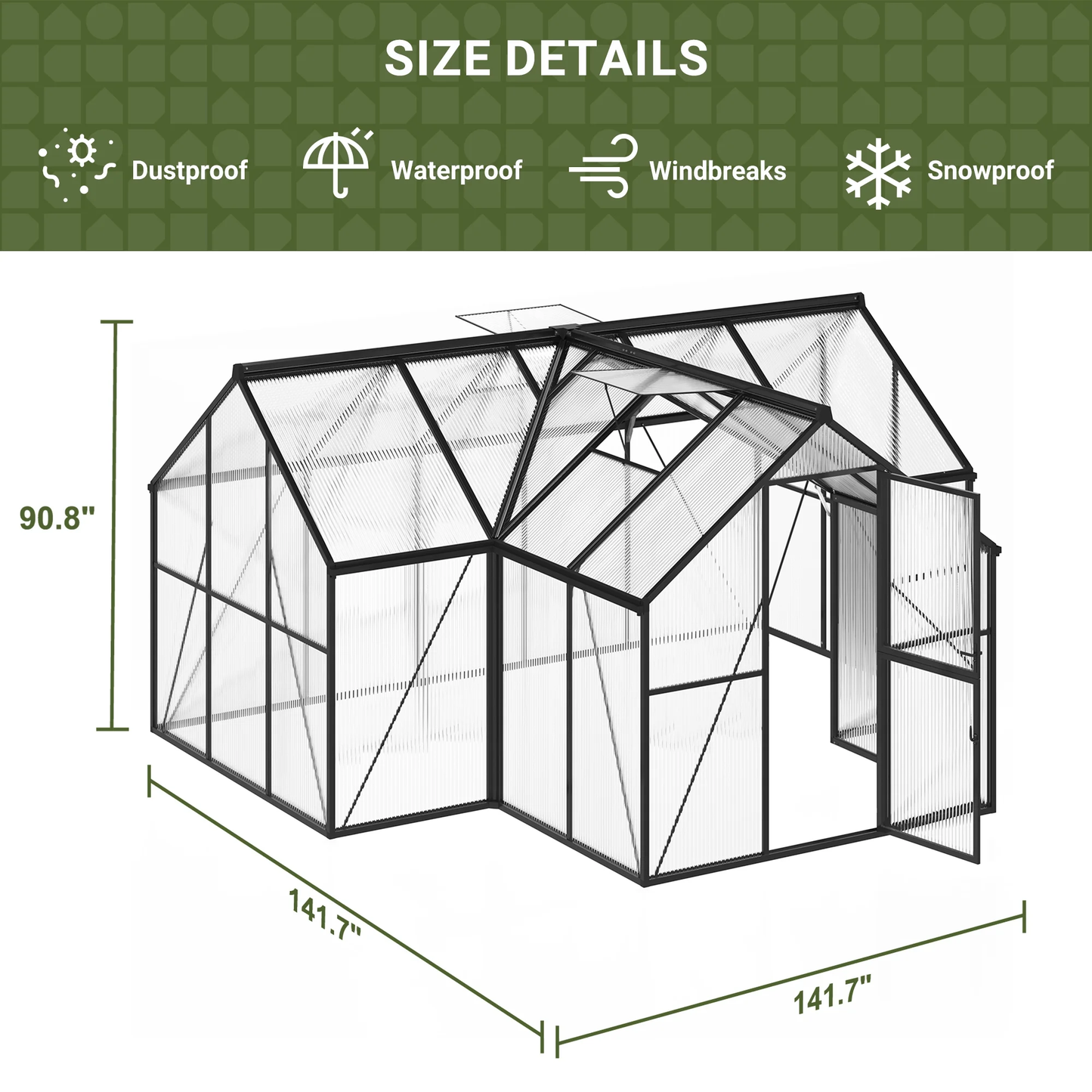 NETAJE 12'x12' T-Shape Outdoor Greenhouse, Double Roof Vents and Doors, Walk-in Polycarbonate Green House with Aluminum Frame for Backyard