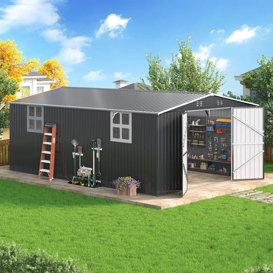 NETAJE 12'x16' Outdoor Metal Storage Garden Shed, Extra Large Storage Shed with 2 Window, Lockable Doors and Air Vent for Backyard, Garden, Lawn