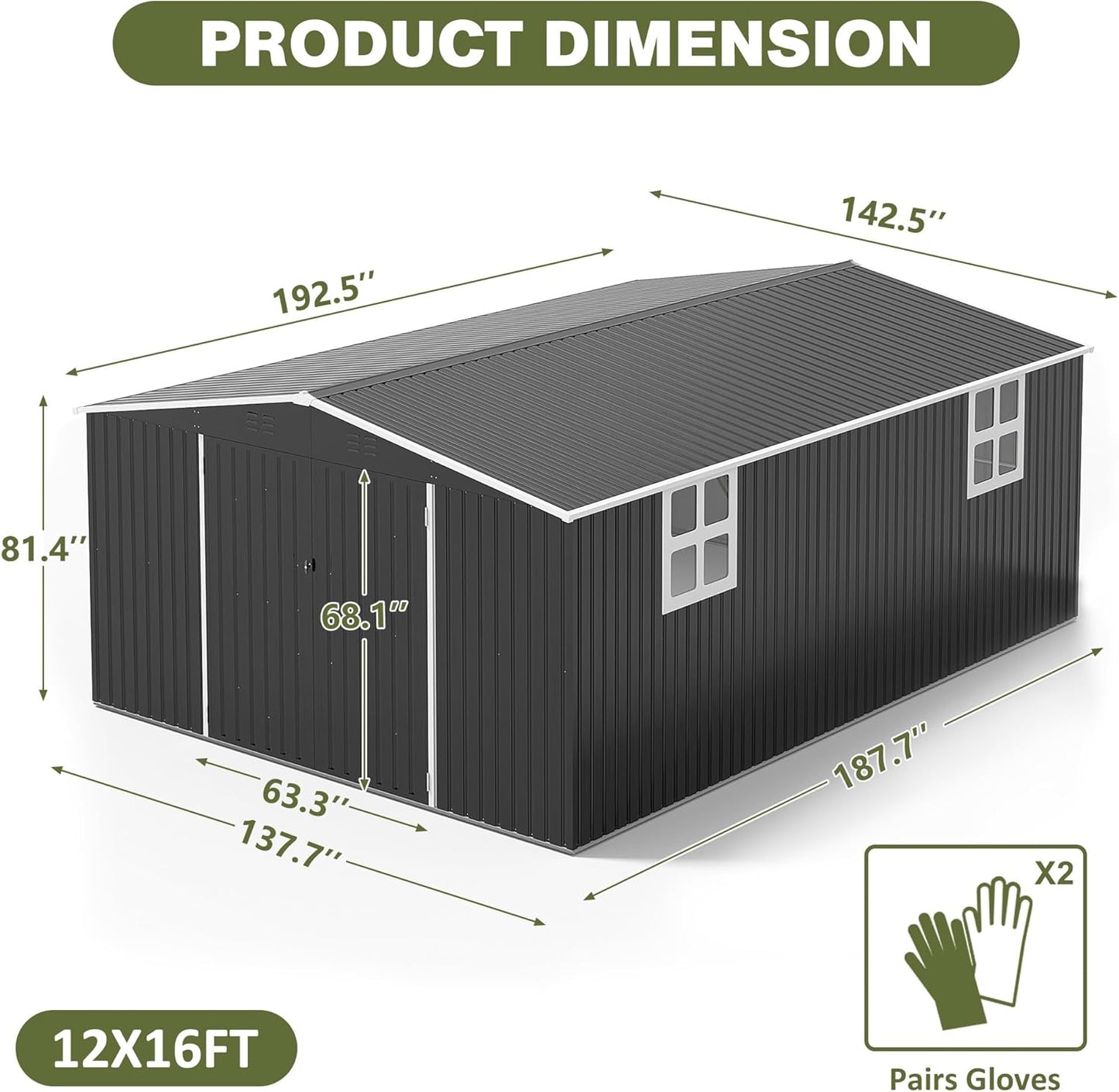 NETAJE 12'x16' Outdoor Metal Storage Garden Shed, Extra Large Storage Shed with 2 Window, Lockable Doors and Air Vent for Backyard, Garden, Lawn