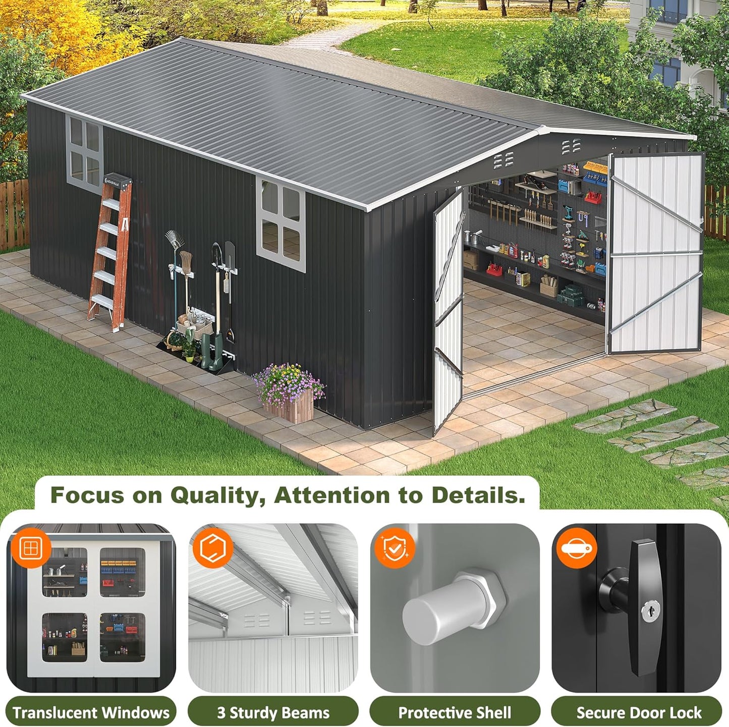 NETAJE 12'x18' Outdoor Metal Storage Garden Shed, Extra Large Storage Shed with 2 Window, Lockable Doors and Air Vent for Backyard, Garden, Lawn
