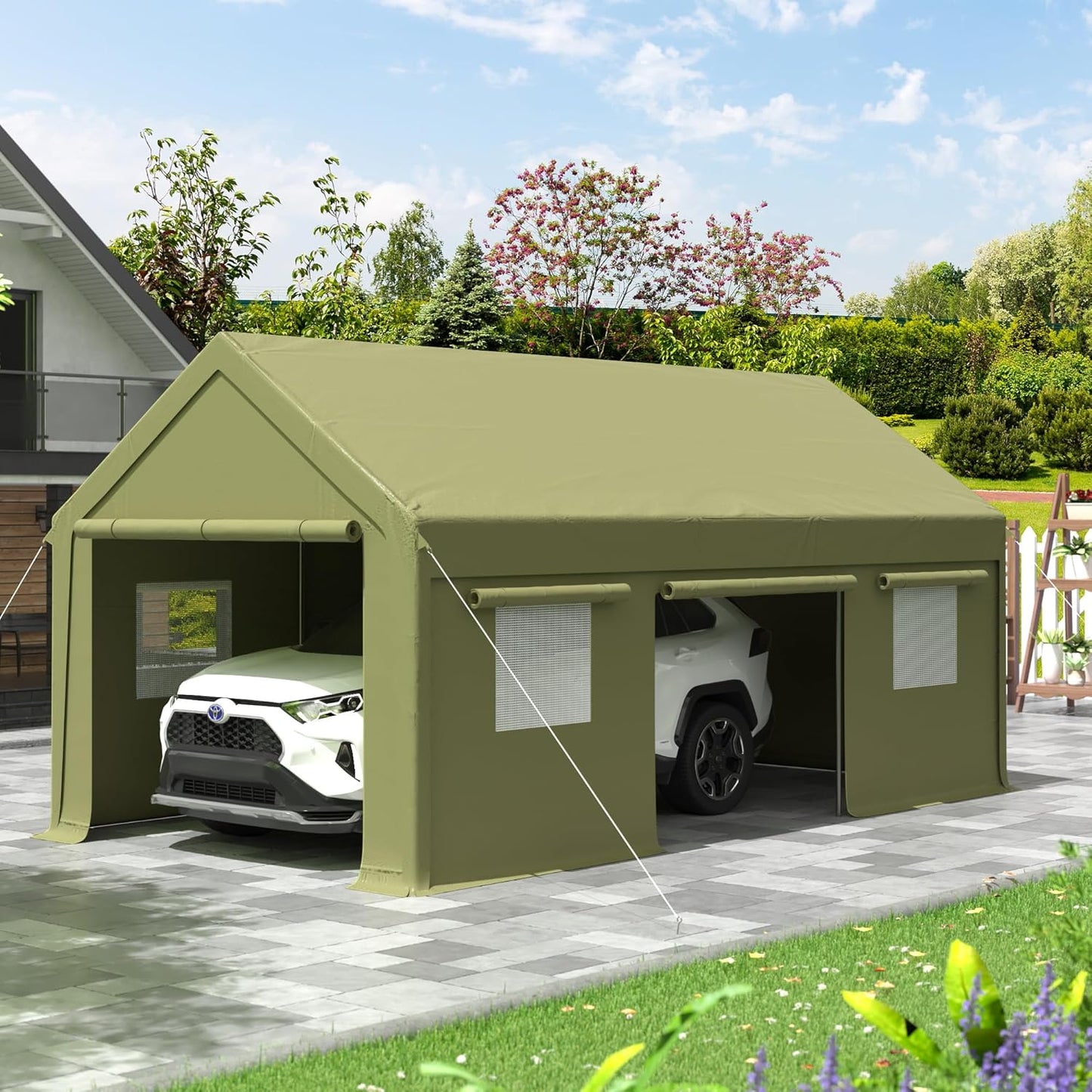 NETAJE 12'x20' Heavy Duty Portable Outdoor Garage Carport with Side-Opening Door, Roll-up Windows, Four-Hole Base for Car, Green
