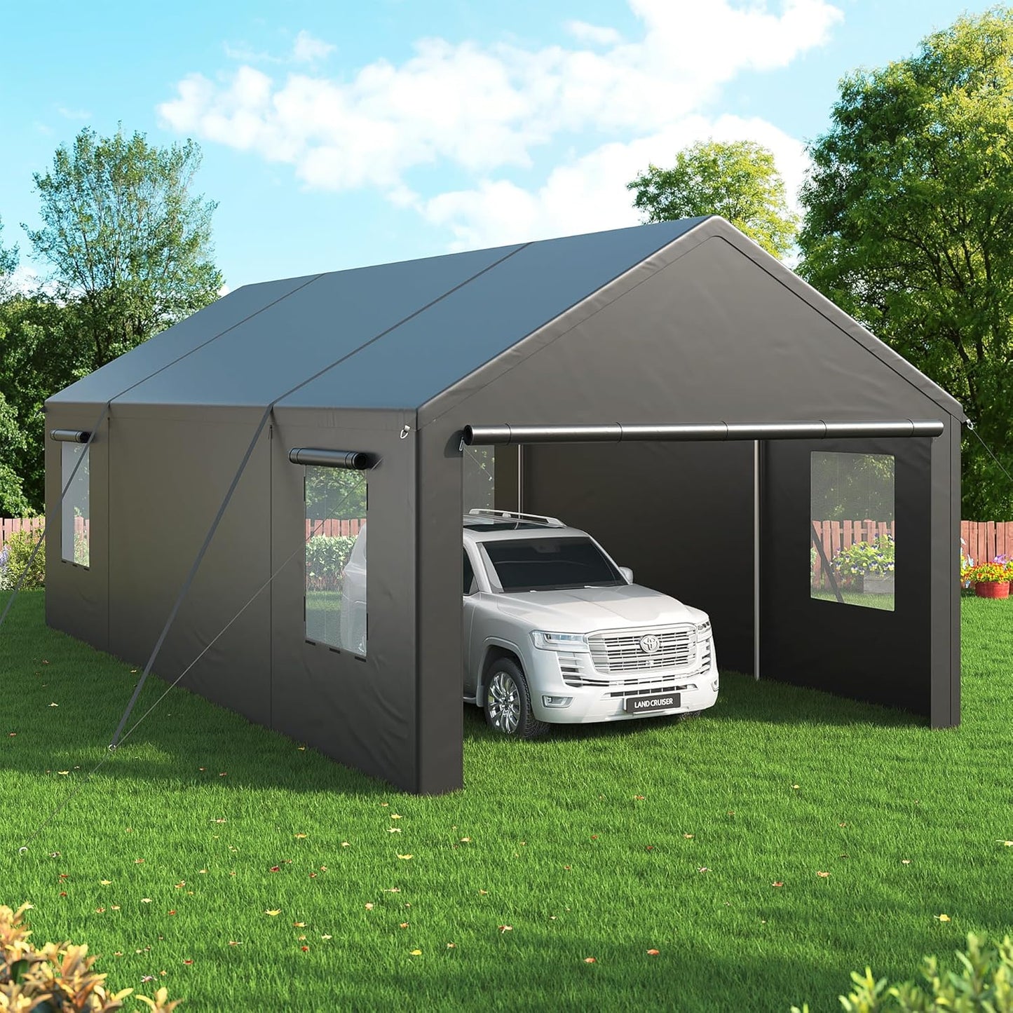 NETAJE 13'x25' Heavy Duty Portable Outdoor Garage Carport with Side-Opening Door, Roll-up Windows, Four-Hole Base for Car, Black