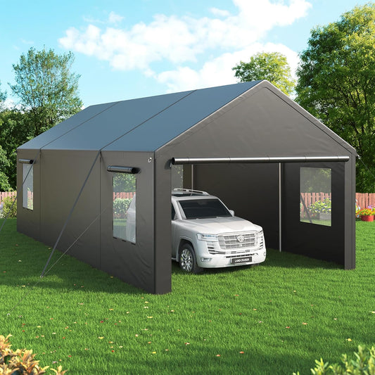 NETAJE 13'x25' Heavy Duty Portable Outdoor Garage Carport with Side-Opening Door, Roll-up Windows, Four-Hole Base for Car, Black