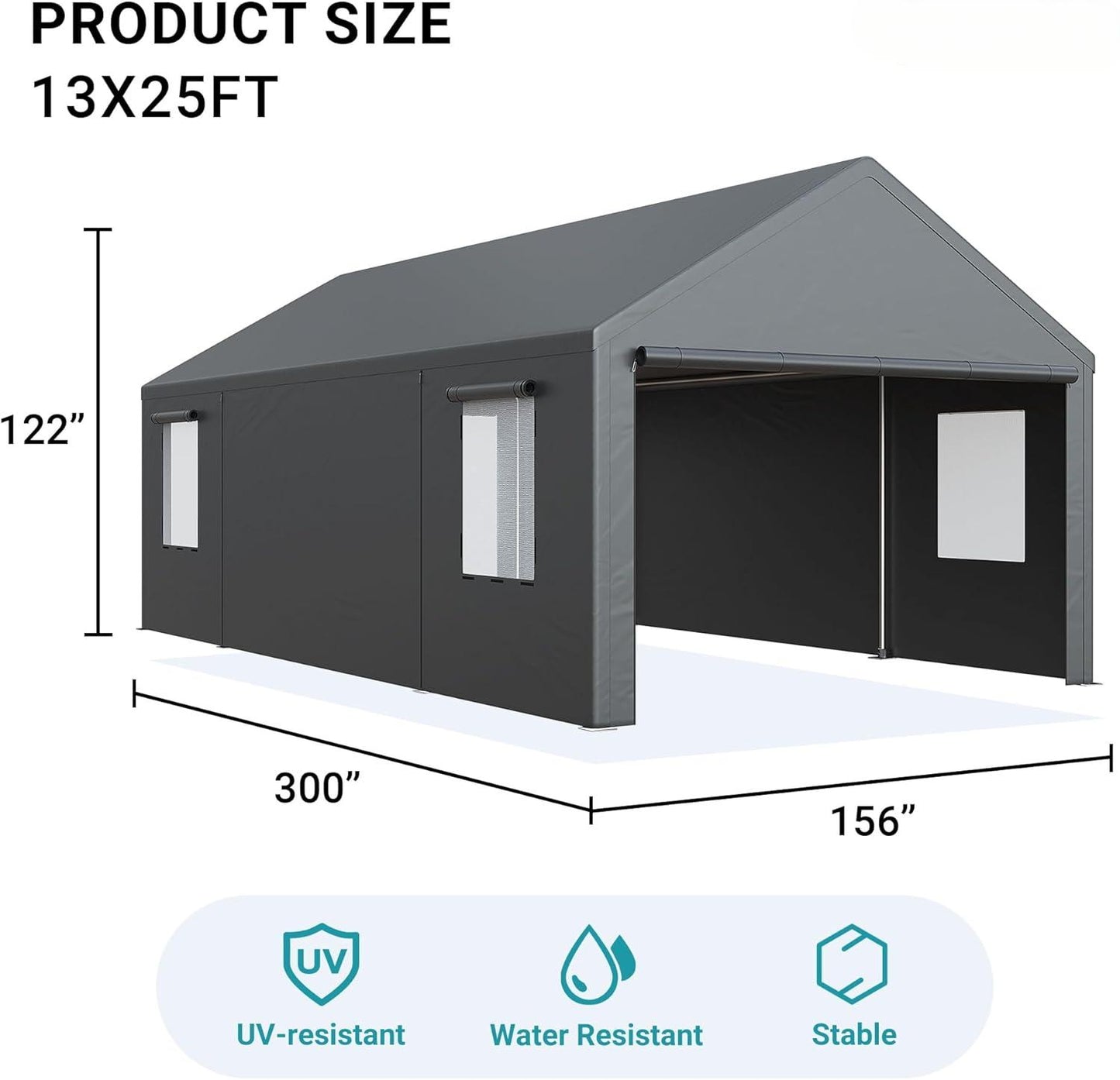 NETAJE 13'x25' Heavy Duty Portable Outdoor Garage Carport with Side-Opening Door, Roll-up Windows, Four-Hole Base for Car, Black