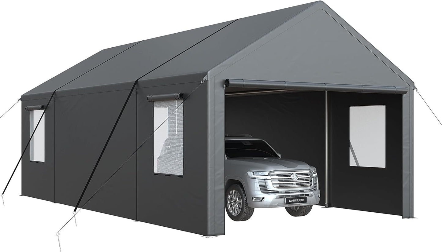 NETAJE 13'x25' Heavy Duty Portable Outdoor Garage Carport with Side-Opening Door, Roll-up Windows, Four-Hole Base for Car, Black