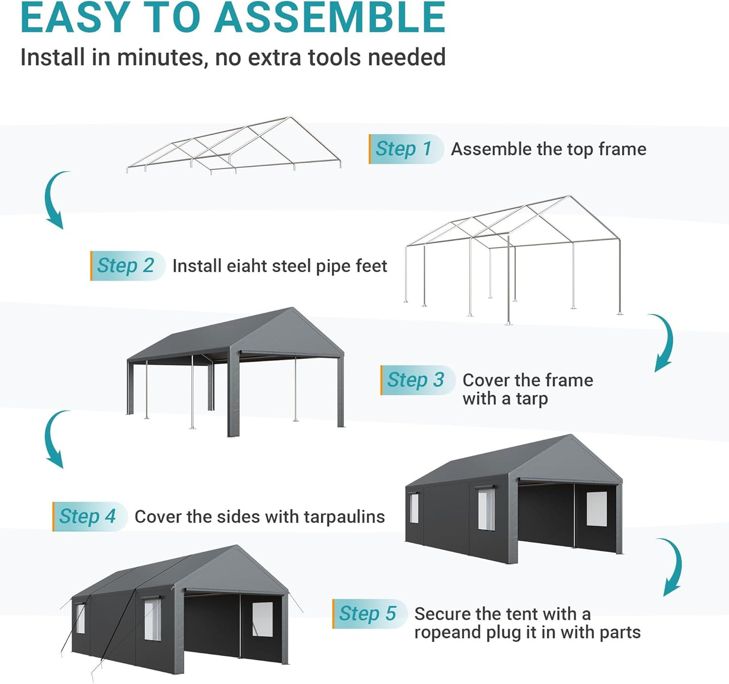 NETAJE 13'x25' Heavy Duty Portable Outdoor Garage Carport with Side-Opening Door, Roll-up Windows, Four-Hole Base for Car, Black