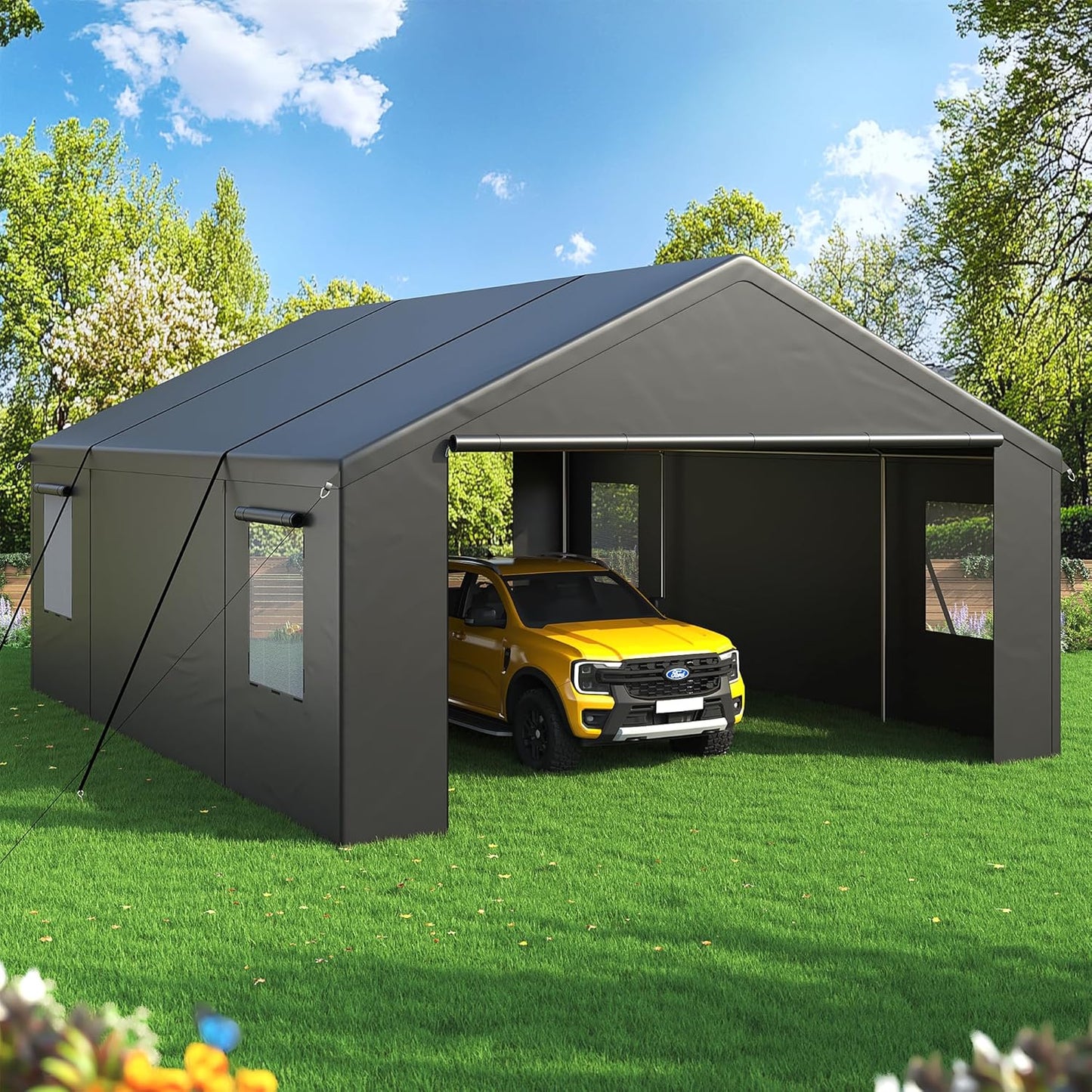 NETAJE 20'x20' Heavy Duty Portable Outdoor Garage Carport with Side-Opening Door, Roll-up Windows, Four-Hole Base for Car, Black
